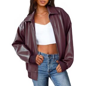 MEROKEETY Women's Oversized Faux Leather Jacket Fall Winter Zip Up Motorcycle Coats Fashion Outfits Clothes 2024