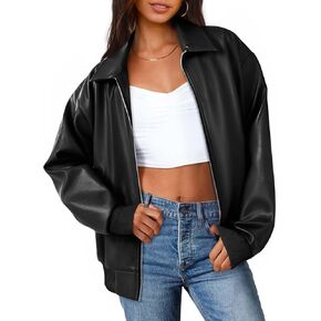 MEROKEETY Women's Oversized Faux Leather Jacket Fall Winter Zip Up Motorcycle Coats Fashion Outfits Clothes 2024 in Kuwait