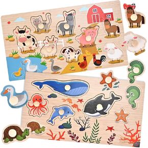 Wooden Peg Puzzles for Toddlers 1 2 3 Years Old, 2 Pack Montessori Educational Learning Puzzles Set, Toddler Puzzles Toy with Animal and Sea Themes, Great Preschool Present for Girls and Boys