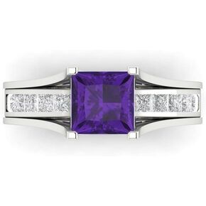 Clara Pucci 3.37ct Princess Cut Pave Solitaire with Accent Natural Amethyst Statement Sliding Bridal Wedding Ring Band Set 14k White Gold