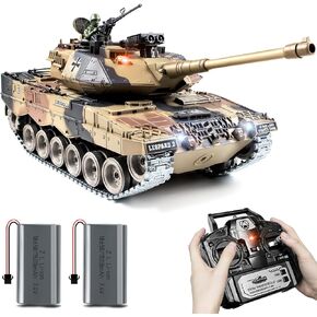 1:18 RC Tank, 2.4Ghz Metal German Leopard II Remote Control Model Toys, RC Vehicle Military Tank That Shoots BBS and Water Bombs, Army Toy for Adults and Kids with Smoke, Lights, Sound, Recoil
