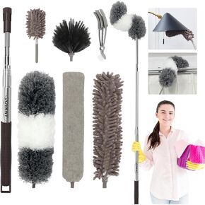 Telescopic Duster Long Extendable up to 2.50 m and Washable， Duster Telescopic Washable 7 Pieces for High Ceilings Ceiling Fan and Chandelier, Dust Mop with Blinds Cleaning Brush-JOVANT (HTJ001)