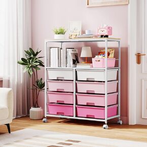 8 Drawers Rolling Storage Cart with Wooden Top, Multipurpose Utility Cart with Opening Shelf & Lockable Wheels, Storage Drawer Cart Organizer for Home Office Craft Room Classroom, Brown