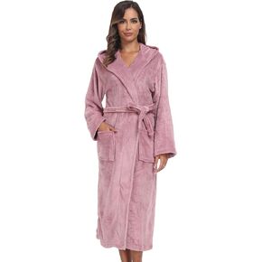 Womens Hooded Plush Bathrobe Warm Fleece Soft Long Robe Fuzzy Full Length Gown Shower Spa House Kimono for Women in Kuwait