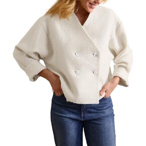 Cicy Bell Womens Cropped Teddy Pea Coat Collarless Wool Blend Fleece Short Jacket Work Casual Fall Outerwear
