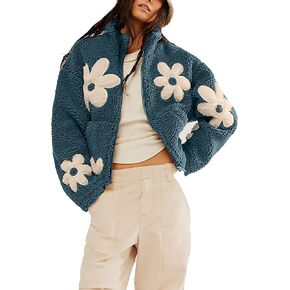 Maixang Womens Floral Print Sherpa Fleece Jackets Winter Zipper Cropped Coat Casual Long Sleeve Outwear with Pockets(Blue,S)