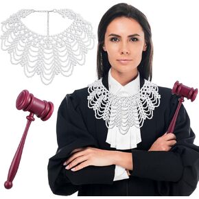 Sumind Detachable Blouse False Collar Faux Pearls Collar White Beaded Collar Judge Robe Collar and Judge Wooden Gavel for Halloween Cosplay Party Favors