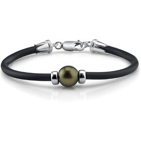 The Pearl Source Pearl Bracelet 11-12mm Black Tahitian Pearl with Rubber Band and Sterling Silver Clasp
