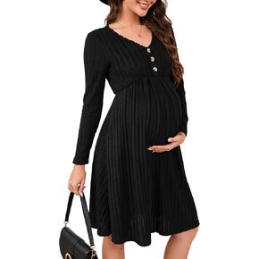 Maternity Knit Ribbed Dress Casual V Neck Long Sleeve Midi Sweater Dress with Pocket Photoshoot Baby Shower