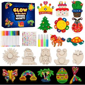 GWAHSA 30pcs DIY Wooden Magnets, Glow in The Dark Wooden Art Craft Supplies Painting Kit for Kids Activities Party Favors for Boys Girls Ages 4-8 8-12 Birthday Gifts Toys Pinata Goodie Bags Stuffers