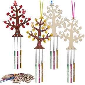 Fennoral 10 Pack Spring Wind Chime Kit for Kids Make You Own Spring Tree Wind Chime Wooden Arts and Crafts for Girls Boys DIY Coloring Craft Activity Spring Party Deocration