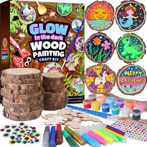EPUMP Kids Wooden Painting Kit - Glow in The Dark Arts and Crafts Supplies for Boys Girls - Wood Slice Drawing Activities Easter Christmas Party Gifts DIY Paint Toy for 5 6 7 8 9 10 11 12 Years Old