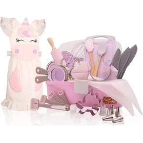Baker Buddy 35-Piece Kids Baking Set with Teddy Bear Apron, Kid Friendly Knives, Cookie Cutters, Rolling Pin, Cutting Board, Whisk, Real Silicone Kitchen Accessories for Cooking and More