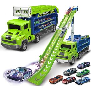 Kids Toys for 2 3 4 5 6 7 8 Years Old Boys, Carrier Truck Transport Car Toys, Foldable 2 Layer Car Race Track Playset with 46-in Race Track, 6 Metal Toy Cars, Birthday Toy Gift for Toddler Boys Girls