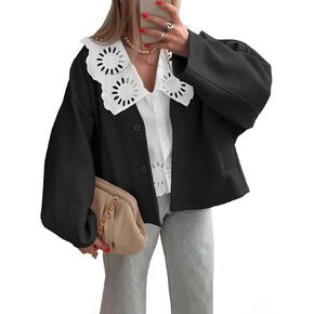 Tankaneo Womens Oversized Cropped Pea Coats Fall Winter Loose Wool Blend Coat Casual Long Sleeve Button Down Jacket Outerwear