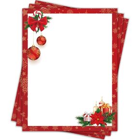 100 PCS Red Christmas Bulbs Letterhead Christmas Border Computer Paper Stationery paper for Note Letters to Santa Holiday Printer Paper Invitations Office School 8.5 x 11 In