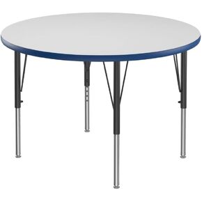 Correll 42" Round Classroom Activity Table, Height Adjustable (19"-29") Markerboard/Dry Erase Durable High Pressure Top, Blue Edge, Black/Chrome Legs, School Furniture, Made in The USA