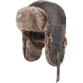 Waterproof Aviator Russian Ushanka Hat Trapper Cossack Cap PU Leather Furry Warm Earflap Hunting Cap with Chin Strap
