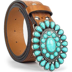 UTOWO Women Western-Cowboy-Belt with Turquoise-Buckle Concho Cowgirl Belt Vintage Embossed PU Leather for Country Rodeo Jeans