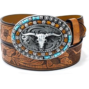 Adjustable Men-Western-Leather-Belt，Unisex Vintage Country-Belts For Cowboy Jeans Dresses Ladies Fit for 25-39"