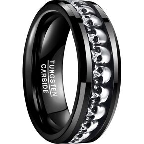 NUNCAD Mens Rings 925 Sterling Silver Skull Inlay 8mm Gothic Demon Skull Head Tungsten Carbide Ring Viking Jewelry Gift Comfort Fit Size 8-11