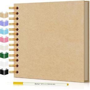 DIY Scrapbook Album, Hardcover Kraft 7x7 inch 40 Pages Scrap Book Photo Album with Metallic Pen for Family Memory Book, Wedding Anniversary, Tickets Etc