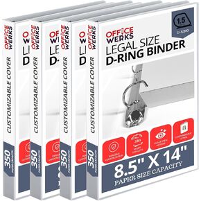 Performore - Office Werks Heavy Duty 4-Pack Legal Size View Binder - 14" x 8.5", White, 1.5 Inch D-Ring, Back Mount Binder