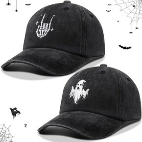 JaGely 2 Pcs Halloween Baseball Cap Embroidered Halloween Hat for Men Ghost Hat Skeleton Hat Funny Adjustable Spooky Halloween caps for Women Men Party Accessories