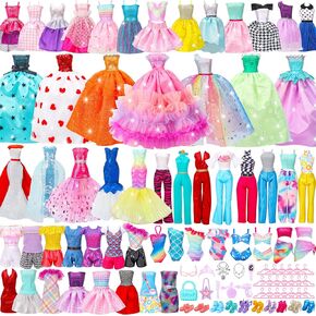 56 Pcs Doll Clothes and Accessories,2 Wedding Gowns 2 Evening Dresses 6 Fashion Dresses 4 Set Casual Outfit Top and Pant 2 Swimsuit,20 Hanger 10 Shoe 10 Accessories Toys for Girls Kid Gift