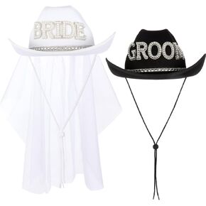 2 Pcs White Bride Cowboy Hat with Veil Black Groom Cowboy Hats for Wedding Parties Bachelor Parties and Wedding Photo Shoots