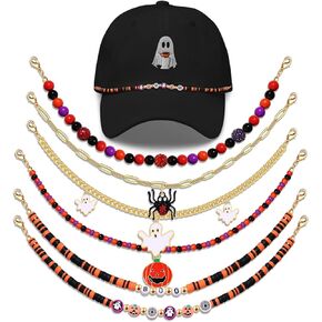 Trucker Hat Chains for Women Men Beaded Halloween Trucker Hat Bar Chain Spooky Ghost Skull Spider Trucker Hat Charms Halloween Hat Bill Hat Accessories for Baseball Cap
