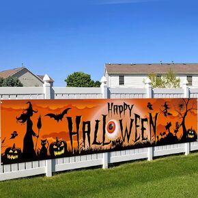 XIFAN Happy Halloween Banner 98x19.2 Inches Large Halloween Hanging Decorations Pumpkin Lantern Bat Spider Trick or Treat Yard Sign Durable Halloween Theme Backdrop Poster for Fence Wall Decor