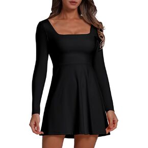 ABOCIW Women's Square Neck Long Sleeve Bodice Dress Twist Back Cutout Flare Mini Dress