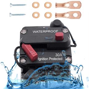 30A Boat/Car Circuit Breaker with Manual Reset Switch, Waterproof Inline Fuse for Motor Trolling Vehicles Audio Electronic Battery Solar System Protection 2V-48V with Wire Lug Copper Washer Screw