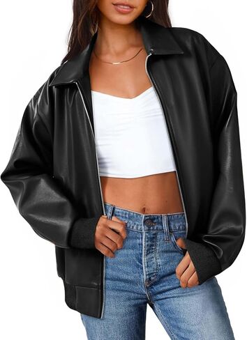 MEROKEETY Women's Oversized Faux Leather Jacket Fall Winter Zip Up Motorcycle Coats Fashion Outfits Clothes 2024 in Kuwait