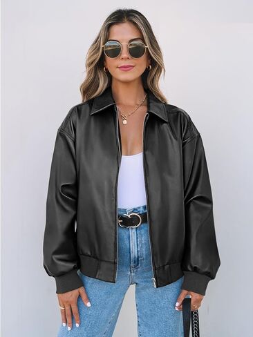MEROKEETY Women's Oversized Faux Leather Jacket Fall Winter Zip Up Motorcycle Coats Fashion Outfits Clothes 2024 in Kuwait