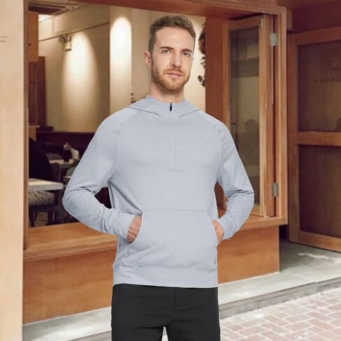 Mens Long Sleeve Quarter Zip Pullover Hoodie Lightweight Regular Fit Hooded Sweatshirt with Kangaroo Pocket in Saudi Arabia