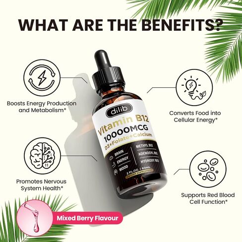 Vitamin B12 Complex 5000 mcg | Vegan B12 Liquid Drops Sublingual Supplement | Methylcobalamin w/ Folate, Biotin, Vitamin C, B3, B5, B6, & B8 for Long-Lasting Energy and Healthy Metabolism, 2 fl. oz. in Kuwait