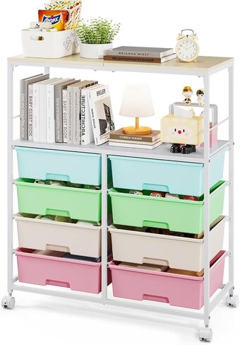 8 Drawers Rolling Storage Cart with Wooden Top, Multipurpose Utility Cart with Opening Shelf & Lockable Wheels, Storage Drawer Cart Organizer for Home Office Craft Room Classroom, Brown in Saudi Arabia