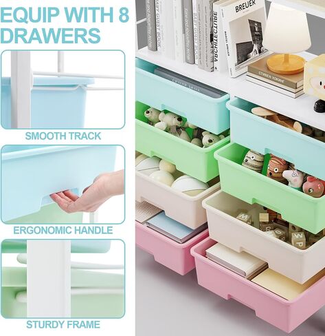 8 Drawers Rolling Storage Cart with Wooden Top, Multipurpose Utility Cart with Opening Shelf & Lockable Wheels, Storage Drawer Cart Organizer for Home Office Craft Room Classroom, Brown in Saudi Arabia
