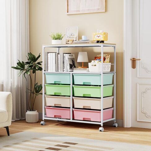8 Drawers Rolling Storage Cart with Wooden Top, Multipurpose Utility Cart with Opening Shelf & Lockable Wheels, Storage Drawer Cart Organizer for Home Office Craft Room Classroom, Brown in Saudi Arabia
