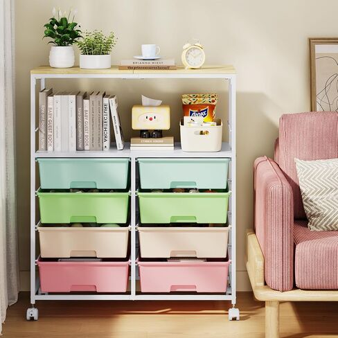 8 Drawers Rolling Storage Cart with Wooden Top, Multipurpose Utility Cart with Opening Shelf & Lockable Wheels, Storage Drawer Cart Organizer for Home Office Craft Room Classroom, Brown in Saudi Arabia