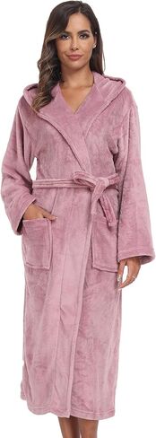 Womens Hooded Plush Bathrobe Warm Fleece Soft Long Robe Fuzzy Full Length Gown Shower Spa House Kimono for Women in Kuwait