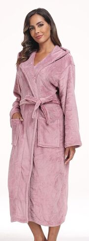 Womens Hooded Plush Bathrobe Warm Fleece Soft Long Robe Fuzzy Full Length Gown Shower Spa House Kimono for Women in Kuwait