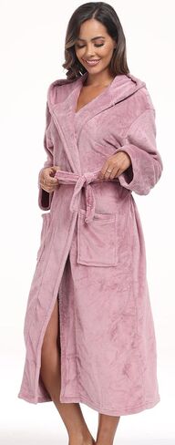 Womens Hooded Plush Bathrobe Warm Fleece Soft Long Robe Fuzzy Full Length Gown Shower Spa House Kimono for Women in Kuwait