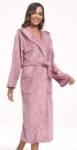 Womens Hooded Plush Bathrobe Warm Fleece Soft Long Robe Fuzzy Full Length Gown Shower Spa House Kimono for Women in Kuwait