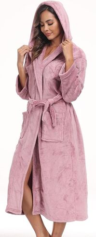Womens Hooded Plush Bathrobe Warm Fleece Soft Long Robe Fuzzy Full Length Gown Shower Spa House Kimono for Women in Kuwait