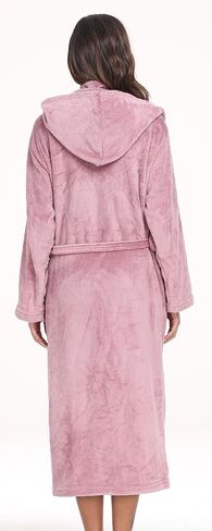 Womens Hooded Plush Bathrobe Warm Fleece Soft Long Robe Fuzzy Full Length Gown Shower Spa House Kimono for Women in Kuwait