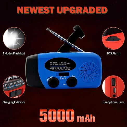 5000mAh Emergency Crank Weather Radio, iRonsnow NOAA/FM/AM Solar Radios, Portable Survival Radio with SOS, Earphone Jack, 1W 4 Modes LED Flashlight, Cell Phone Charger for Camping Hiking in Kuwait