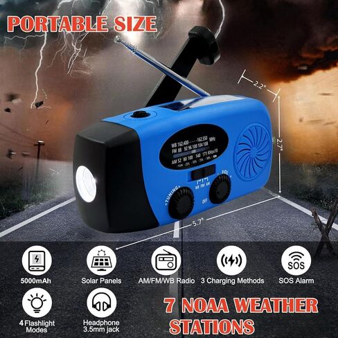5000mAh Emergency Crank Weather Radio, iRonsnow NOAA/FM/AM Solar Radios, Portable Survival Radio with SOS, Earphone Jack, 1W 4 Modes LED Flashlight, Cell Phone Charger for Camping Hiking in Kuwait